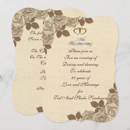 25e Jubileum uitnodiging geïllustreerd sepia roos (Voorkant / Achterkant)