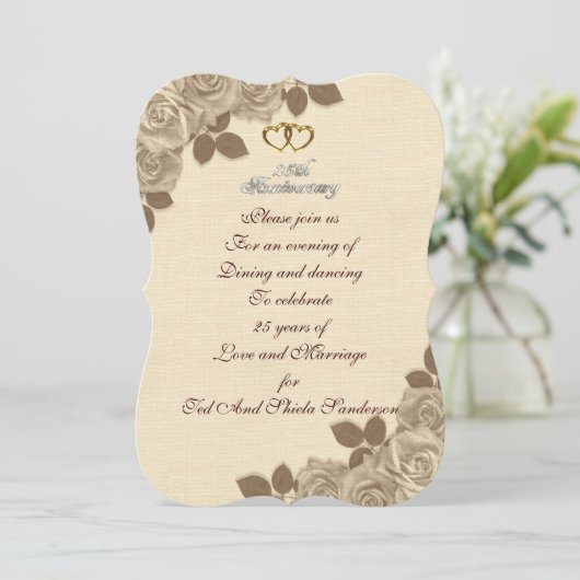 25e Jubileum uitnodiging geïllustreerd sepia roos (Staand voorkant)