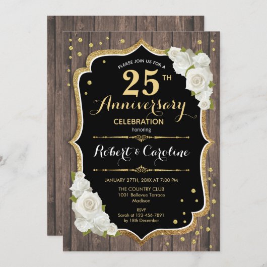 25e jubileum uitnodiging - Rustiek hout goud (Voorkant / Achterkant)