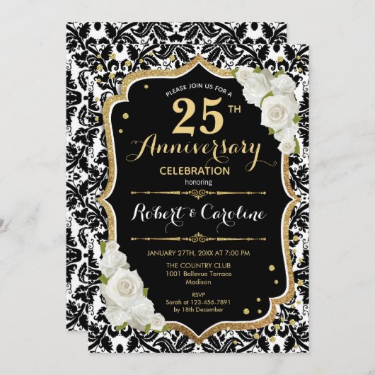 25e Jubileum Uitnodiging - Zwart Wit Goud (Voorkant / Achterkant)