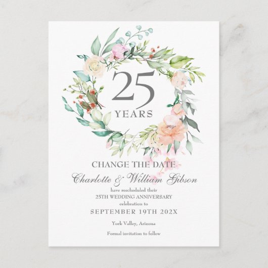 25e jubileum Verander de datum Bloemrozen Aankondigingskaart (Voorkant)