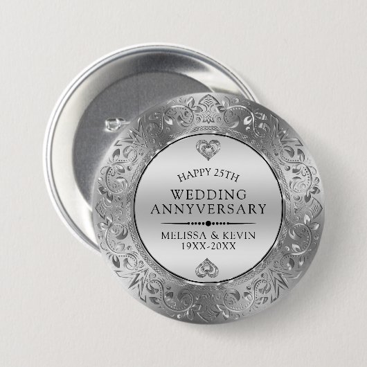 25e Jubileum voor bruiloft Zilver Lijst Ronde Button 7,6 Cm (Voorkant /achterkant)