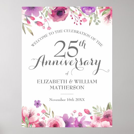 25e jubileum Watercolour Roses welkomstbord Poster (Voorkant)