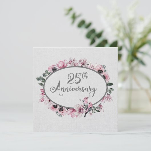 25e Jubileum Waterverf Roze bloemen en vogels Kaart (Staand voorkant)