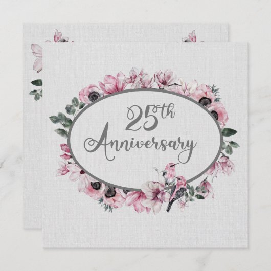 25e Jubileum Waterverf Roze bloemen en vogels Kaart (Voorkant / Achterkant)