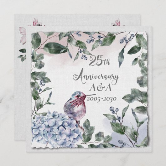 25e Jubileum Waterverf Roze bloemen en vogels Kaart (Voorkant / Achterkant)