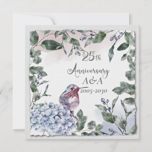 25e Jubileum Waterverf Roze bloemen en vogels Kaart (Voorkant)