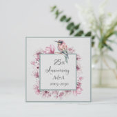 25e Jubileum Waterverf Roze bloemen en vogels Kaart (Staand voorkant)