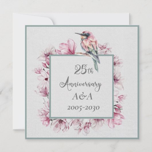 25e Jubileum Waterverf Roze bloemen en vogels Kaart (Voorkant)