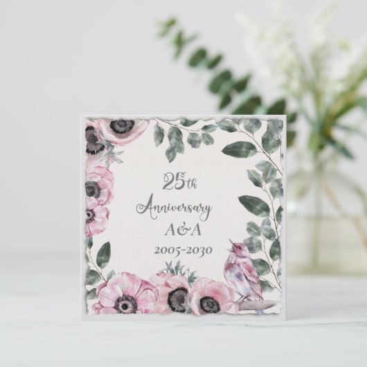 25e Jubileum Waterverf Roze bloemen en vogels Kaart (Staand voorkant)