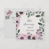 25e Jubileum Waterverf Roze bloemen en vogels Kaart (Voorkant / Achterkant)