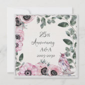 25e Jubileum Waterverf Roze bloemen en vogels Kaart (Voorkant)