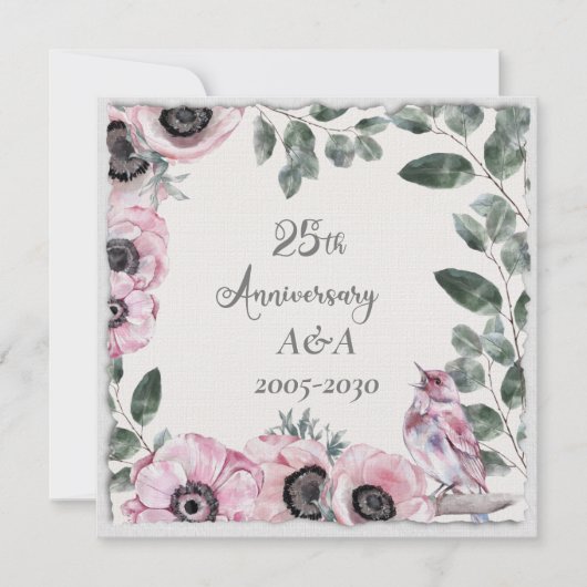 25e Jubileum Waterverf Roze bloemen en vogels Kaart (Voorkant)