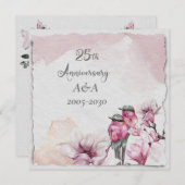 25e Jubileum Waterverf Roze bloemen en vogels Kaart (Voorkant / Achterkant)