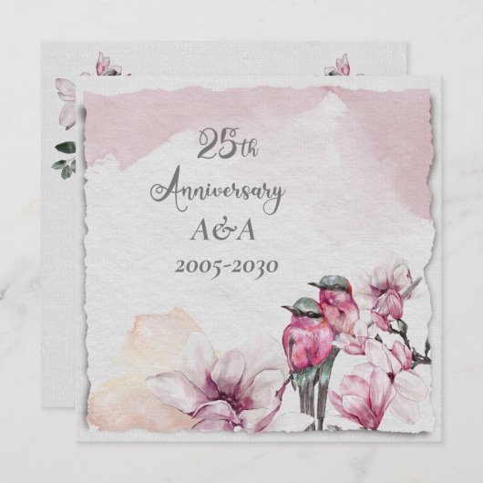 25e Jubileum Waterverf Roze bloemen en vogels Kaart (Voorkant / Achterkant)