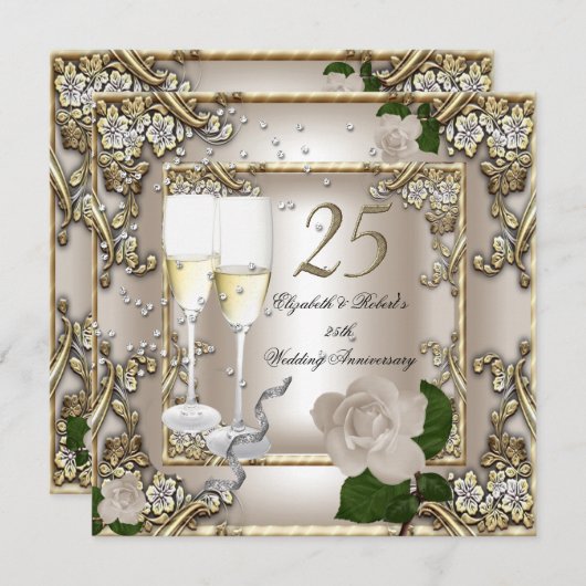 25e Jubileum Wedding Cream Gold Roos Silver Kaart (Voorkant / Achterkant)