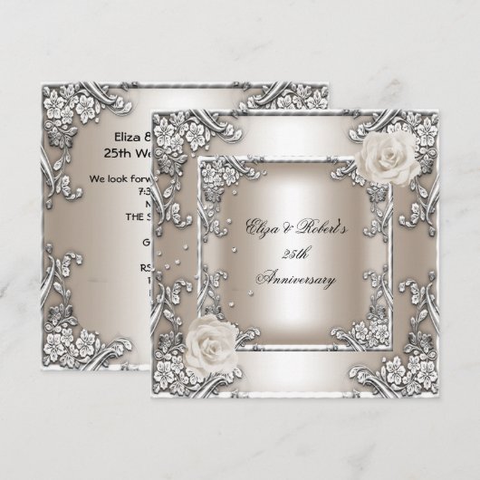 25e Jubileum Wedding Cream Roos Silver Party Kaart (Voorkant / Achterkant)