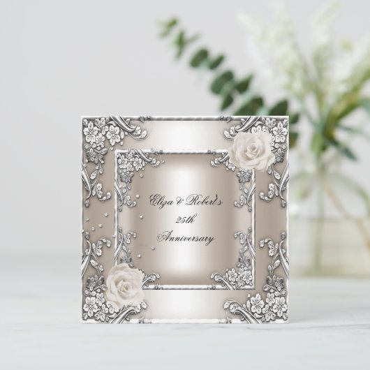 25e Jubileum Wedding Cream Roos Silver Party Kaart (Staand voorkant)