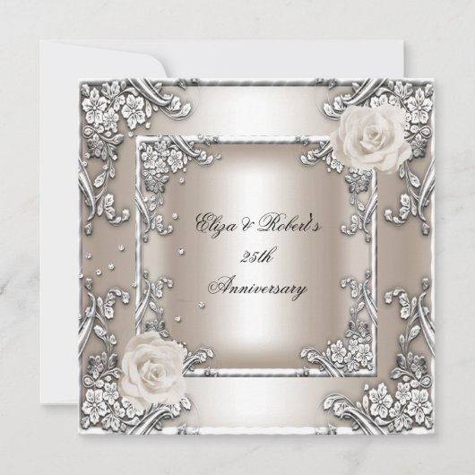 25e Jubileum Wedding Cream Roos Silver Party Kaart (Voorkant)