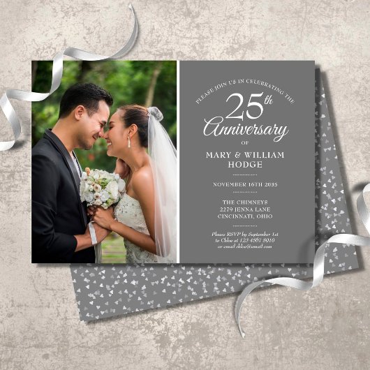 25e Jubileum Wedding Photo Silver Confetti Kaart