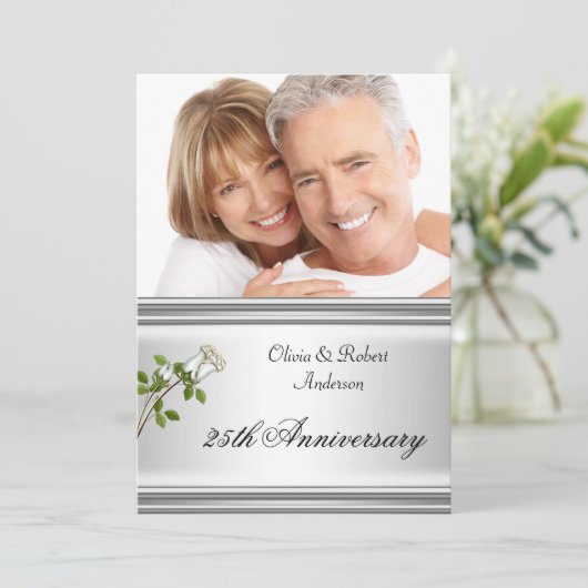 25e Jubileum Wedding Silver White Rose Kaart (Staand voorkant)