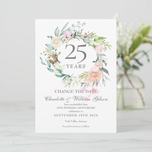 25e jubileum Wijzig de datum Rozen Bloemstuk  Kaart (Staand voorkant)