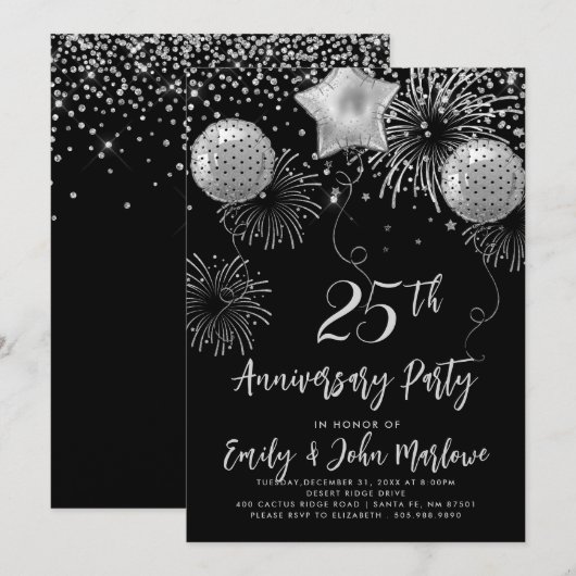 25e Jubileum Zilveren Glitter Confetti Kaart (Voorkant / Achterkant)