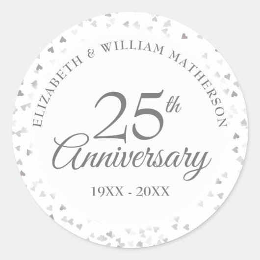 25e jubileum Zilveren Love Hearts Confetti Ronde Sticker (Voorkant)