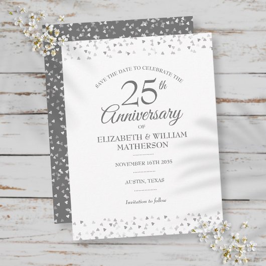 25e jubileum Zilveren Love Hearts Save the Date Aankondigingskaart