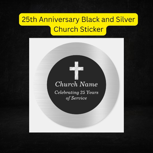 25e Jubileum Zwart en Zilver Kerk Keepsake Ronde Sticker