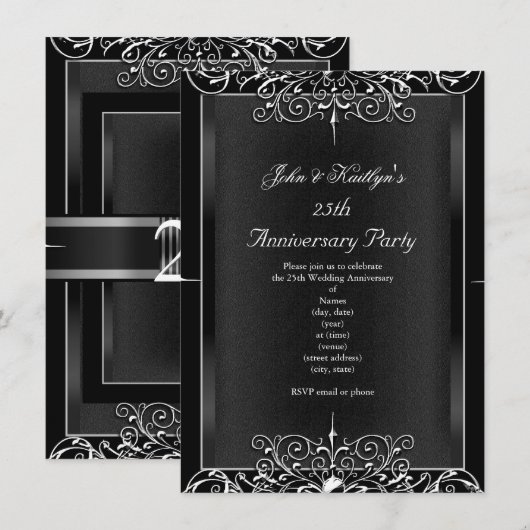 25e jubileumfeest Chalkboard Zilver Bloem 3 Kaart (Voorkant / Achterkant)