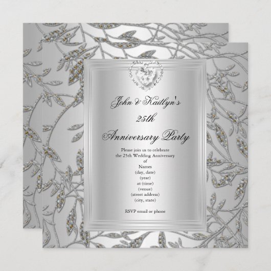 25e jubileumfeest Damast Zilver Grijs 2 Kaart (Voorkant / Achterkant)
