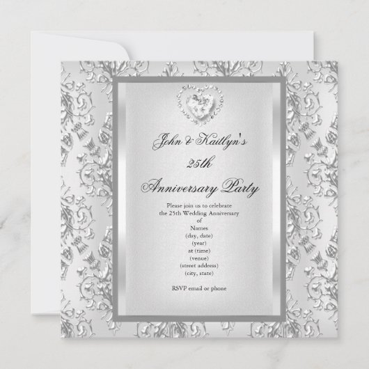25e jubileumfeest damast zilver wit 2 kaart (Voorkant)
