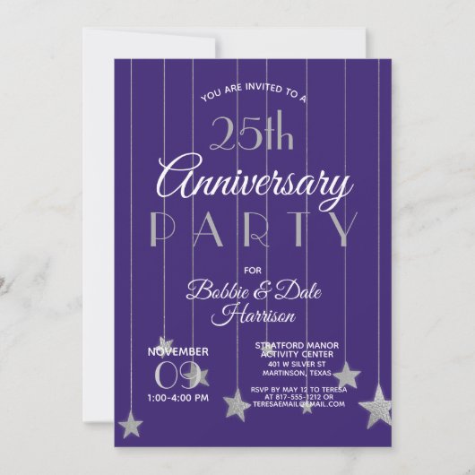 25e jubileumfeest Purple Silver Party Kaart (Voorkant)