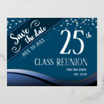 25e klas reünie Elegant blauw Folie Feestdagen Briefkaart<br><div class="desc">Bewaar de datum middelbare school of klasse reünie briefkaarten. Alle tekst is aanpasbaar Klasse banners zijn ook te vinden in mijn winkel.</div>