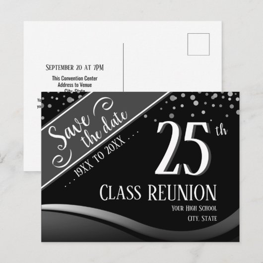 25e klas reünie Elegant zwart Aankondigingskaart (Voorkant / Achterkant)