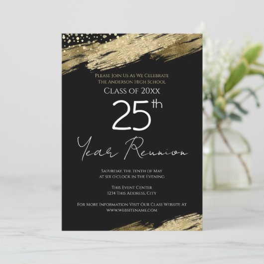 25e klas reünie zwart en goud uitnodiging (Staand voorkant)