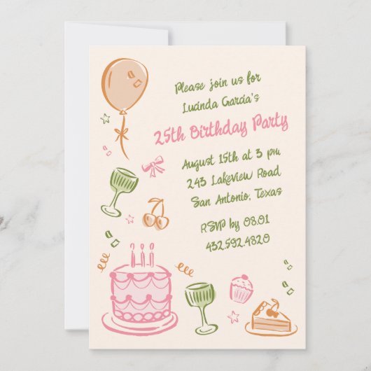 25e kleurrijke Doodles verjaardagsfeestje Kaart (Voorkant)