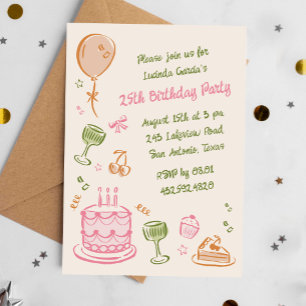 25e kleurrijke Doodles verjaardagsfeestje Kaart