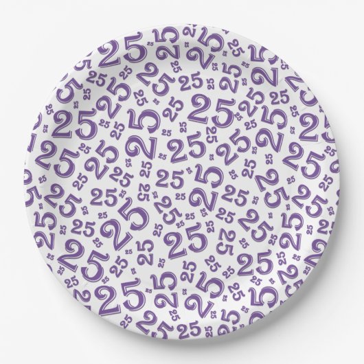 25e Paars/wit Random Number Pattern Papieren Bordje (Voorkant)