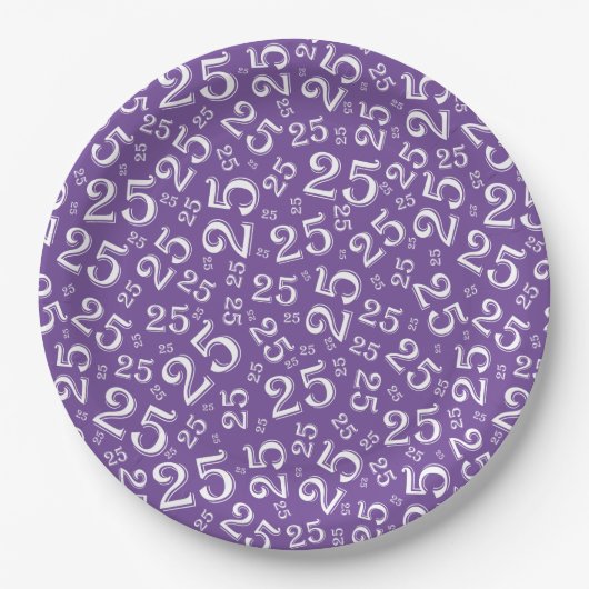 25e Paars/wit Random Number Pattern Papieren Bordje (Voorkant)