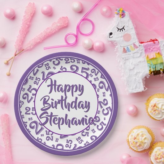 25e Partij Willekeurige Nummer Patroon Paarse/Wit Papieren Bordje (Feest)