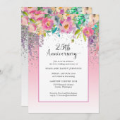 25e roze zilveren bloemen bruiloft jubileum kaart (Voorkant / Achterkant)
