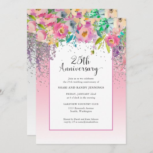 25e roze zilveren bloemen bruiloft jubileum kaart (Voorkant / Achterkant)