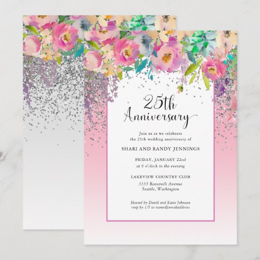 25e roze zilveren bloemens huwelijksjubileum kaart (Voorkant / Achterkant)