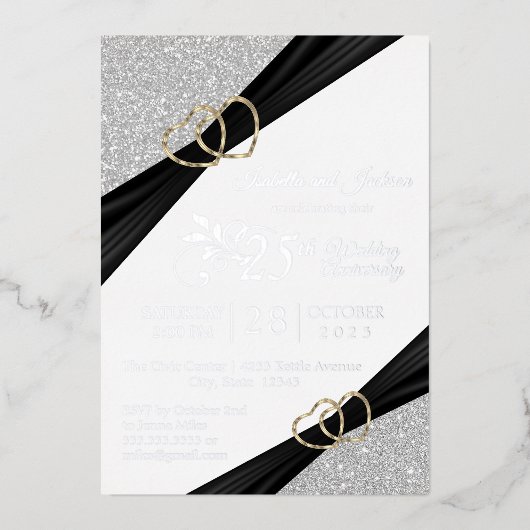 25e Silver Glitter & Gold Heart Jubileum Folie Uitnodiging (Voorkant)