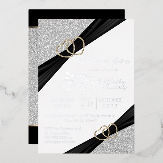25e Silver Glitter & Gold Heart Jubileum Folie Uitnodiging (Voorkant / Achterkant)