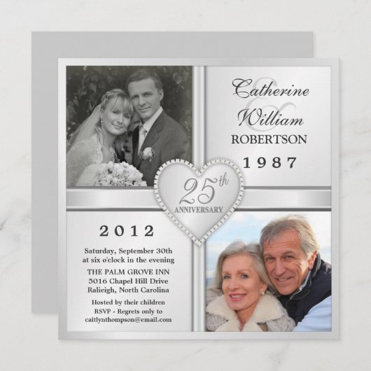 25e Silver Jubileum Heart Photo Invitations Kaart (Voorkant / Achterkant)