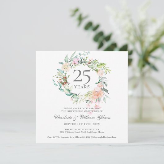 25e Silver Jubileum Rozen Greenery Garland Kaart (Staand voorkant)