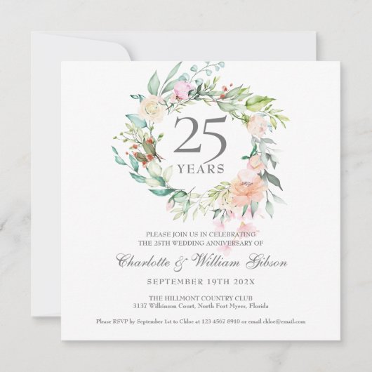 25e Silver Jubileum Rozen Greenery Garland Kaart (Voorkant)